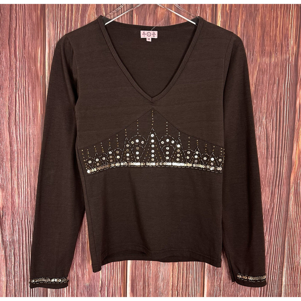 Y2K Brown Sequin Long Sleeve Top V-Neck Sequin Boho Size Medium M